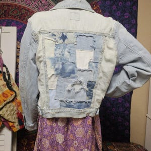 White Denim Jean Jacket - Distressed Patchwork Denim Design Jacket - ONE OF A KIND