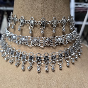 Silver Boho Style Choker Necklaces with Velvet Jewelry Pouch