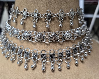 Silver Boho Style Choker Necklaces with Velvet Jewelry Pouch