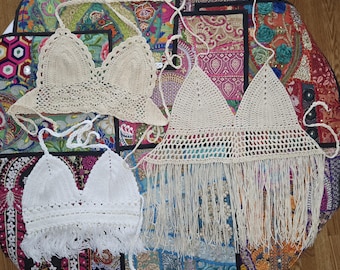 Crochet tops - Built in Bra Fringe Option Boho Bohemian style white and beige tops