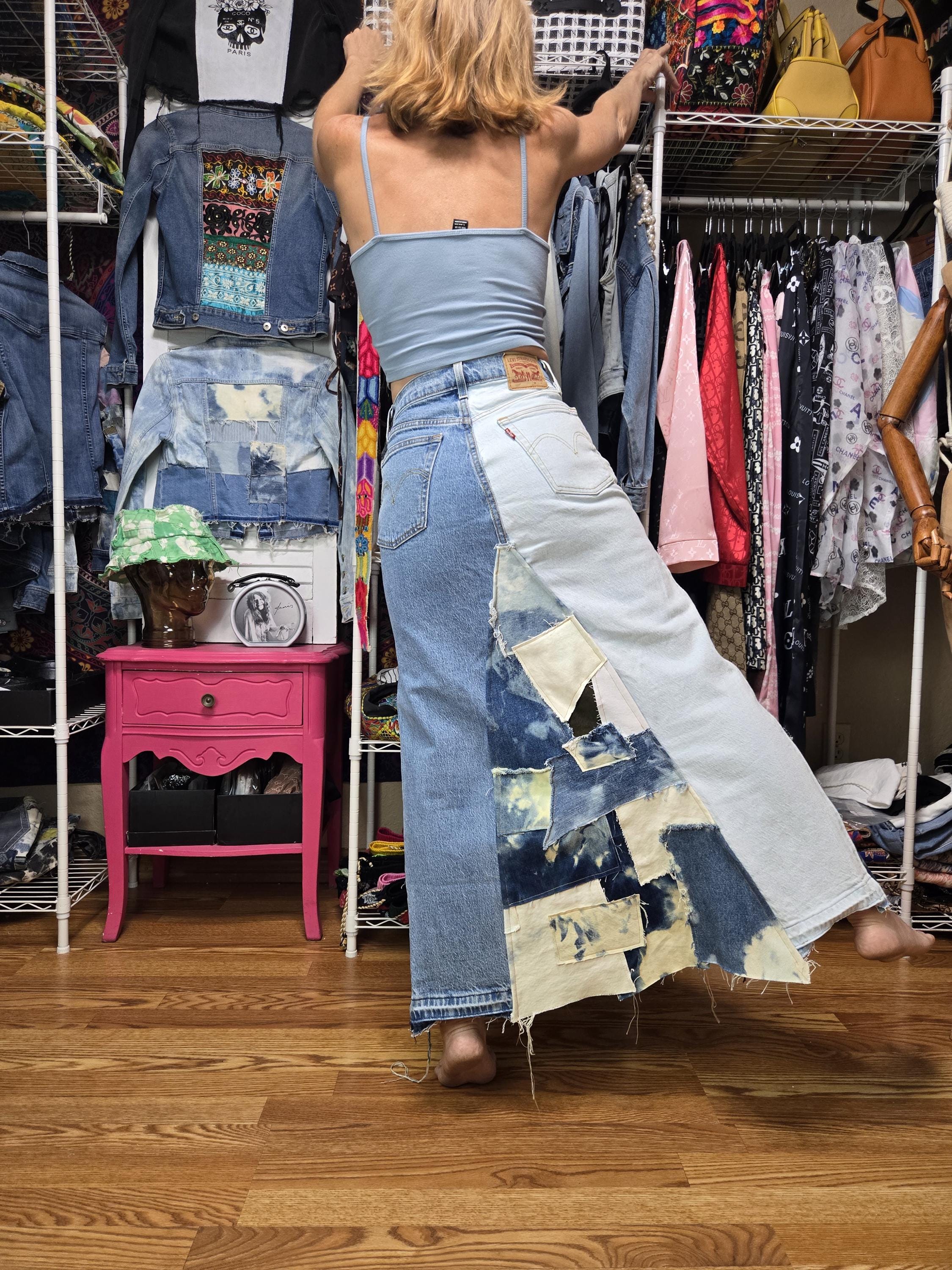 Denim Patchwork Skirt Upcycled Levi's Jeans Turned Into Skirt