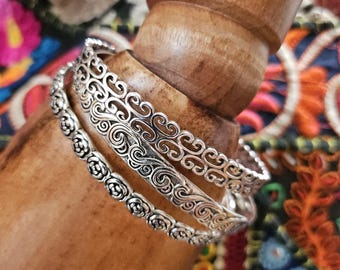 925 Sterling Silver Boho Bohemian Style Bangle Bracelets - w/ Drawstring Jewelry Pouch