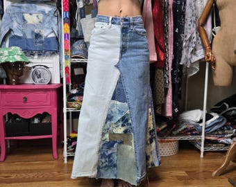Levi’s remake patch work skirt Denim Patchwork Skirt Upcycled Levi's Jeans Turned Into Skirt