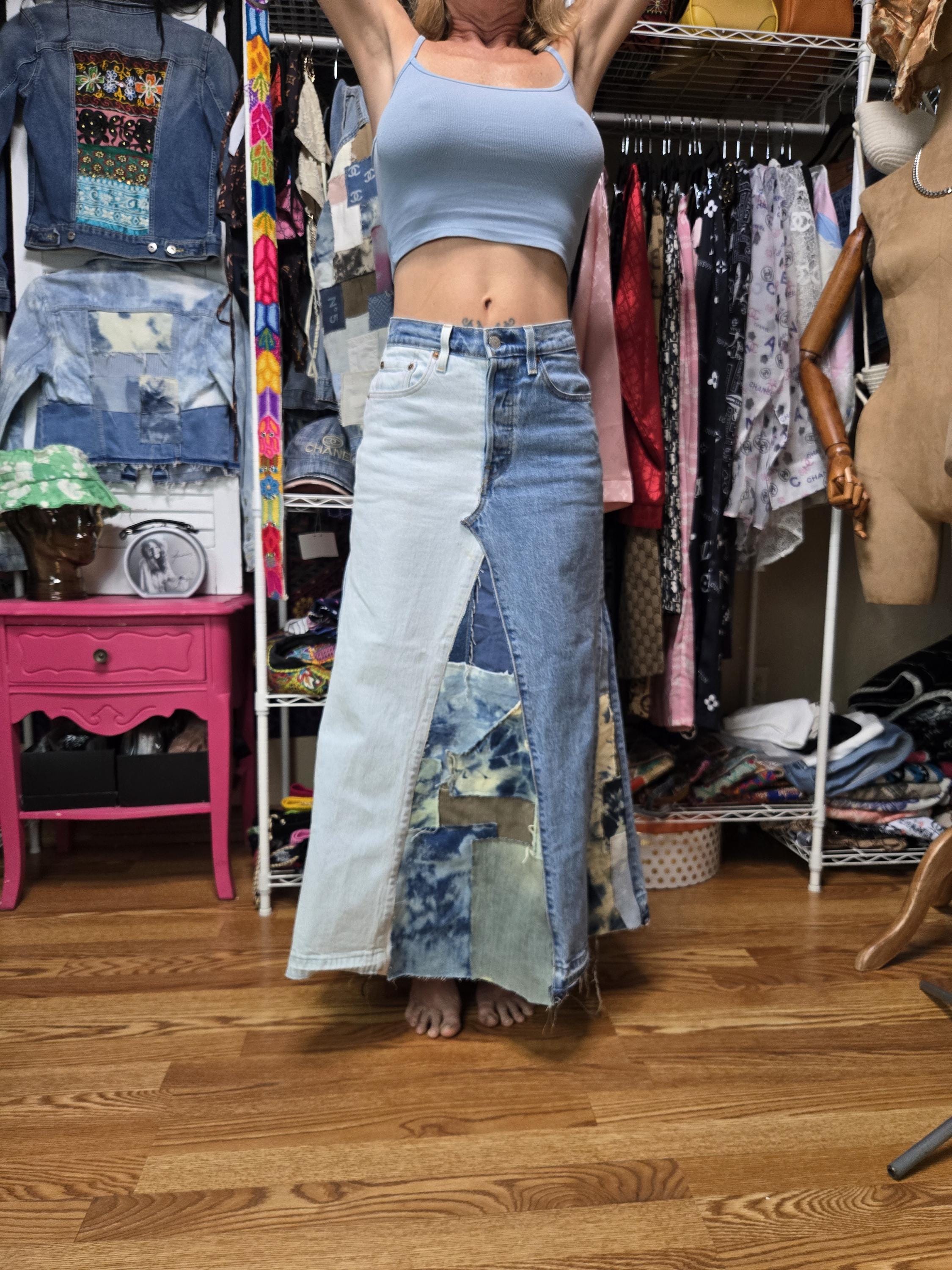 Denim Patchwork Skirt Upcycled Levi's Jeans Turned Into Skirt
