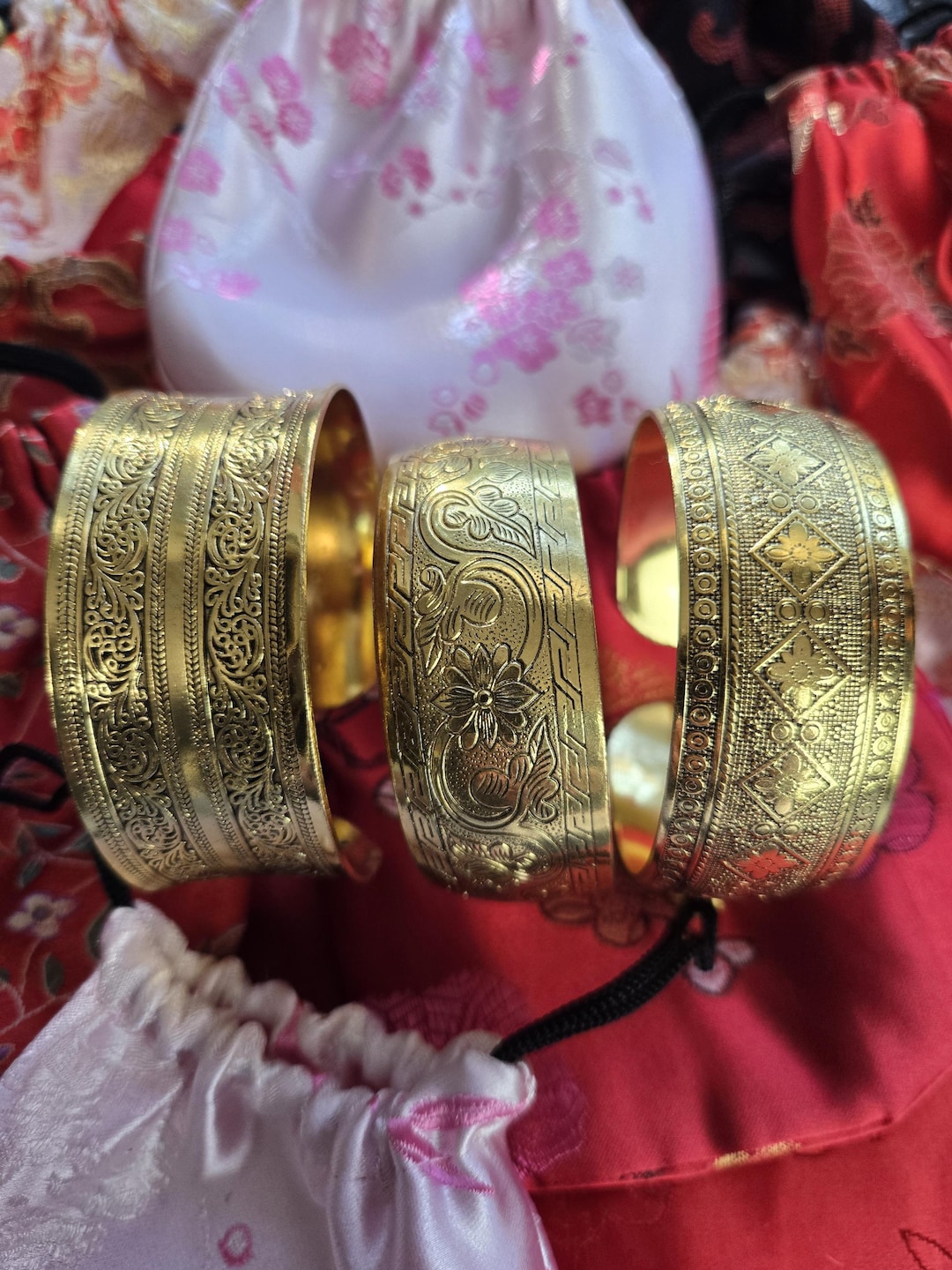 Etched Gold Boho Bohemian Style Bangle Bracelets - With Drawstring ...