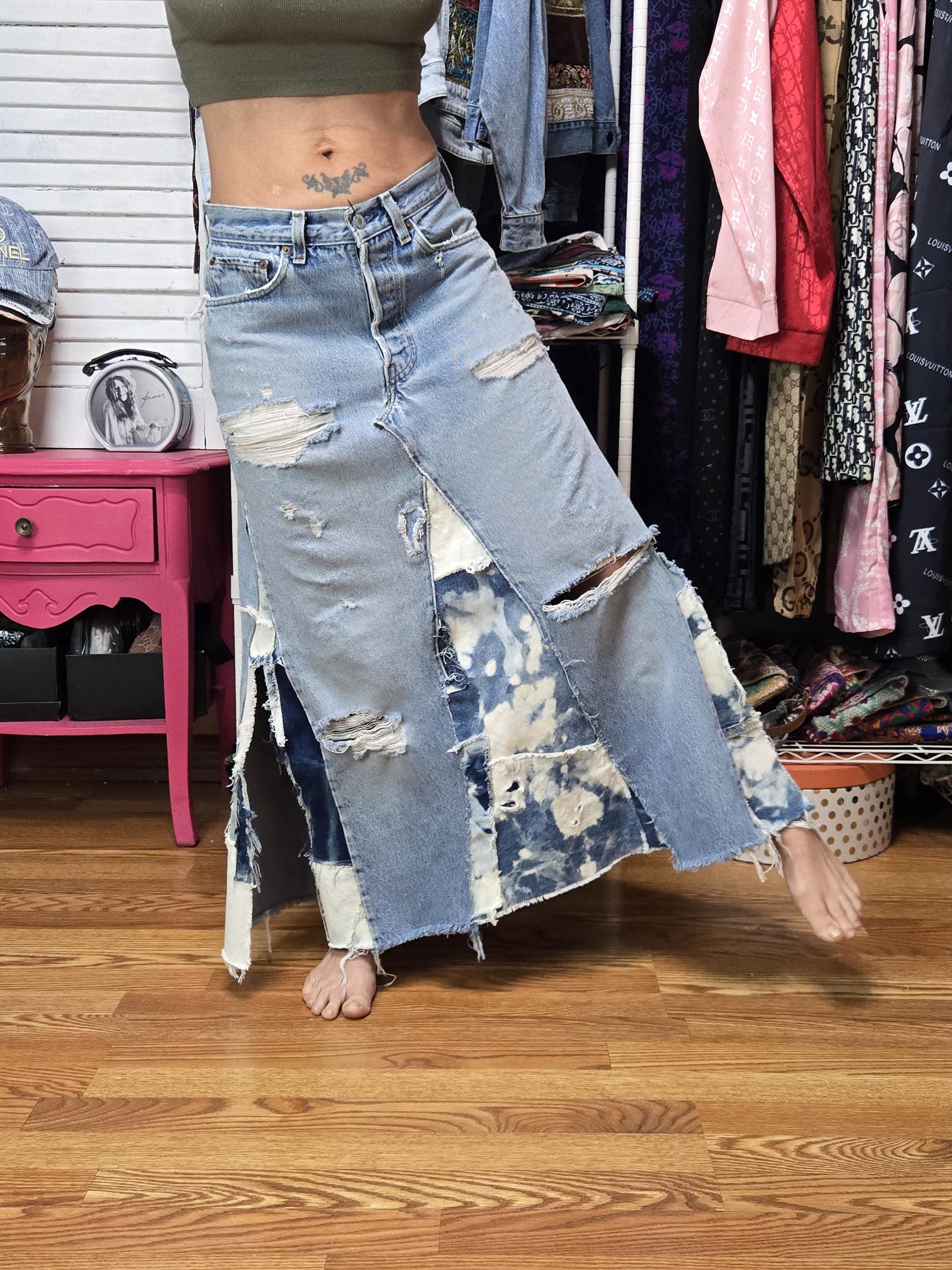 Long Denim Patchwork Skirt Upcycled Vintage Levi's Jeans Turned