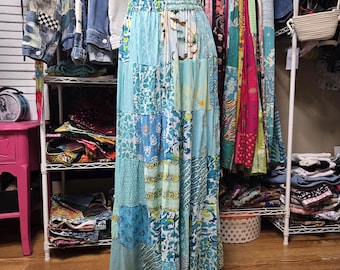 Patchwork Flower Boho Maxi Skirt - Rayon Drawstring Waist