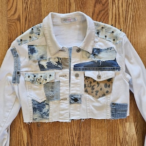 White Denim Jean Jacket - Cropped Distressed Patchwork Denim Design Jacket - ONE OF A KIND