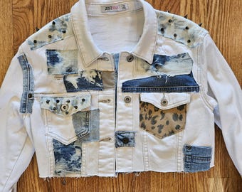 Distressed Patchwork Denim Jacket – Cropped White Jean Jacket, Size Small