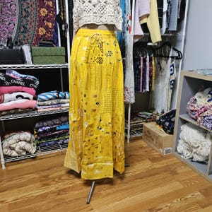 Yellow Patchwork Flower Maxi Skirt - Rayon Boho Drawstring Waist