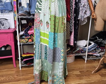 Falda larga de rayón con retazos – Estilo bohemio con flores y cordón ajustable en la cintura