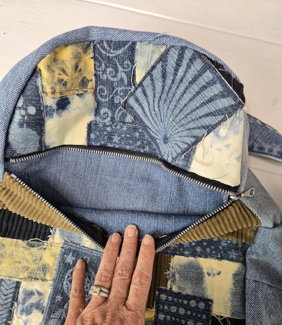 Handmade Denim Patchwork Backpack – One of a Kind - Size: 17” H × 12” W × 5” D Indigo threads denim design | Bags | Handmade Denim  main image 3