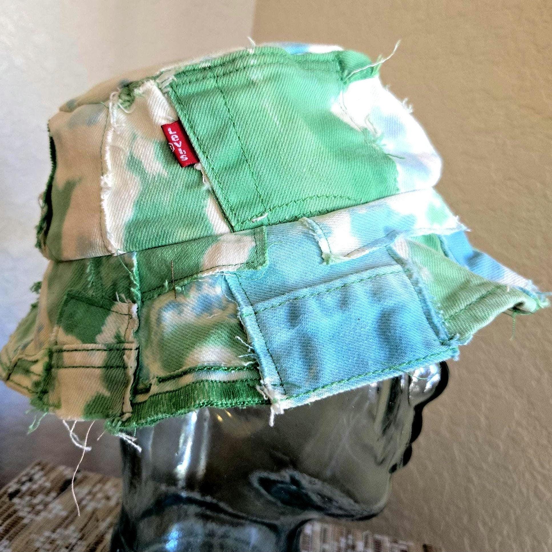 Denim Patchwork Bucket Hat: Green & Blue Tie Dye, Distressed  display picture 2