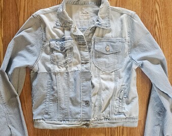 Distressed Patchwork Denim Jean Jacket - Upcycled Design (Large)