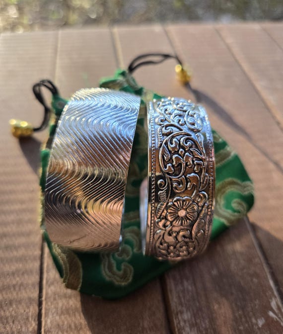 Thick Silver Bangle Bracelets with Jewelry Pouch … - image 8