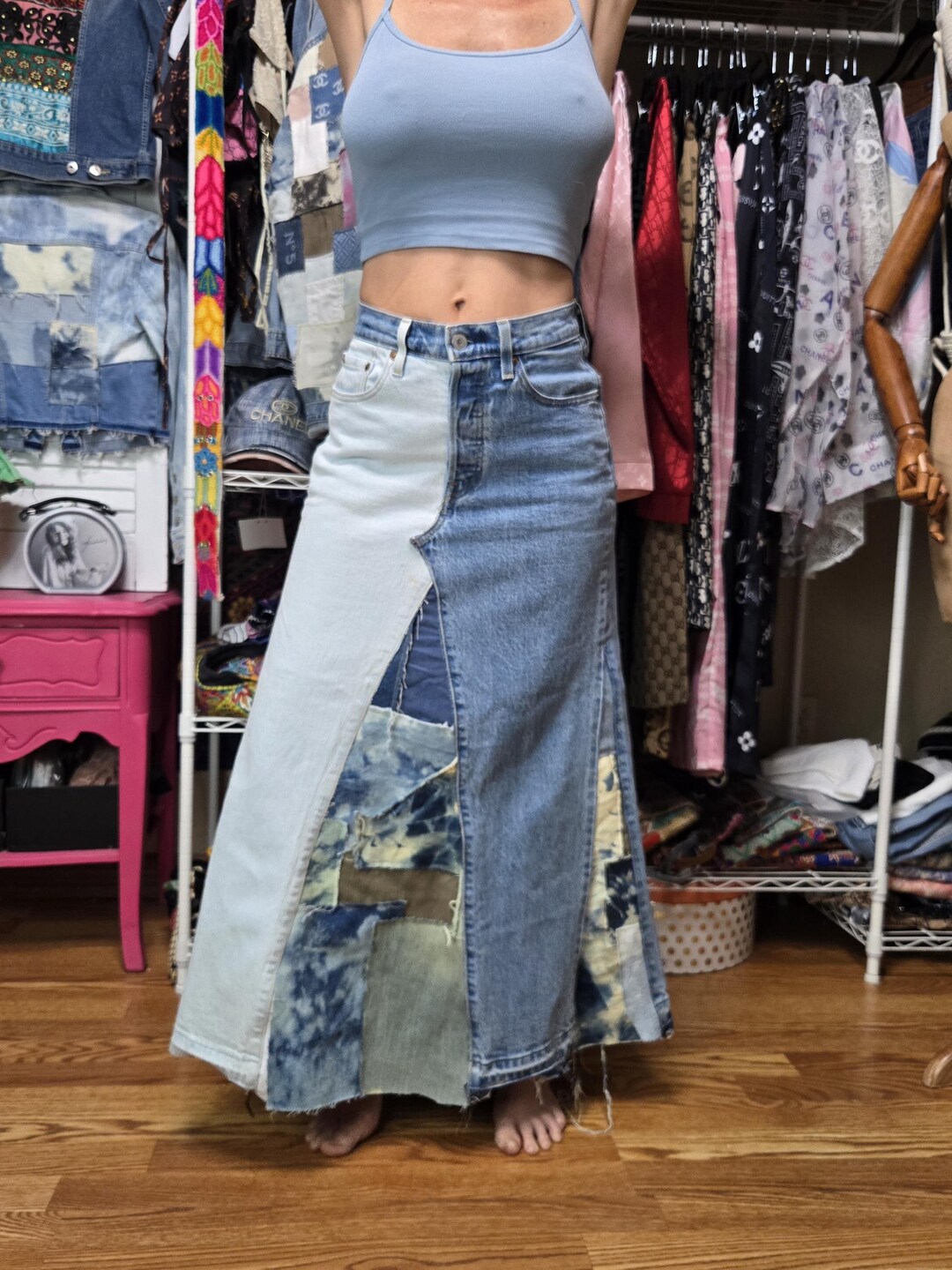 Denim Patchwork Skirt Upcycled Levi's Jeans Turned Into Skirt