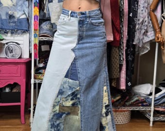 Denim Patchwork Skirt Upcycled Levi's Jeans Turned Into Skirt