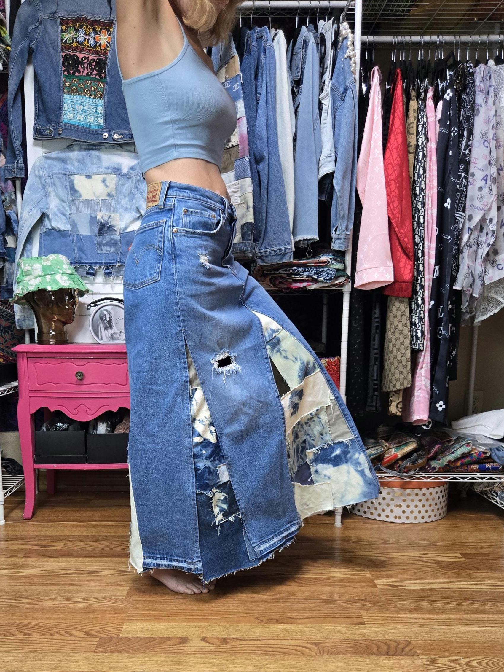 Denim Patchwork Skirt Upcycled Levi's Jeans Turned Into Skirt