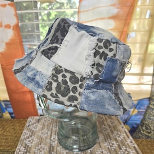 Denim Corduroy Patchwork Bucket Hat - Distressed denim Leopard Bucket Hat