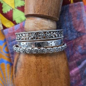 Sterling Silver Boho Etched Bangle Bracelet - Butterfly & Flower Bracelets - with Silky Jewelry Pouch
