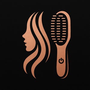 Könnte beinhalten: Kupferfarbenes Logo auf schwarzem Hintergrund mit dem Profil einer Frau mit fließendem Haar und einer Haarglättungsbürste. Die Bürste hat einen Ein-/Ausschalter. Das Design ist minimalistisch und elegant und deutet auf ein Schönheits- oder Haarpflegeprodukt hin.