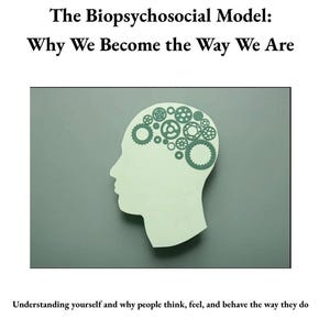 May include: A graphic with text: "The Biopsychosocial Model: Why We Become the Way We Are." A light green silhouette of a head has gears inside. The text at the bottom says, "Understanding yourself and why people think, feel, and behave the way they do."