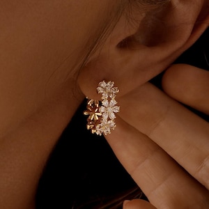 Dainty Flower Diamond Earrings,  CZ Huggie Hoops Earrings, Crystal Floral Earrings, Bridal Jewelry, Bridesmaid Gift, Birthday Gift for Her