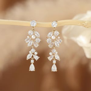 CZ Diamond Drop Earrings with Tiny Pearl, Crystal Dangle Drop Earrings, Dainty Bridal Earrings, Wedding Jewelry, Bridesmaid Gift for her