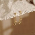 Moon and Star Dangling Earrings, Dainty Sterling Silver Earrings, Celestial Jewelry, Diamond Drop Earrings, Gifts for her, Anniversary Gifts