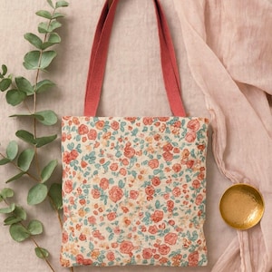 Red Rose Floral Tote Bag: Botanical Print Reusable Shopping Bag
