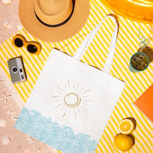 Golden Sun & Ocean Wave Tote Bag: Eco-Friendly Reusable Shopping Bag