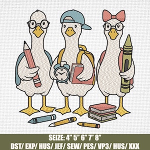 Goose back to school embroidery designs, Cute student embroidey pattern, School embroidery, Funny embroidey school, 1st day of school