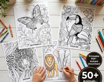 Animals Coloring Book for Kids Ages 3-8 Safari Zoo Wild Animals Preschool Homeschool Fun Illustrated PDF Instant Download