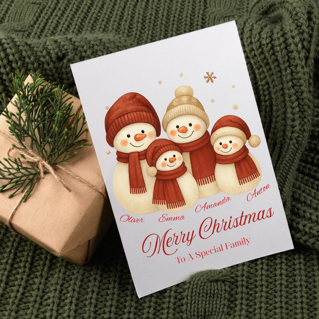 Christmas Card Template,family Snowman Winter Printable Holiday Card