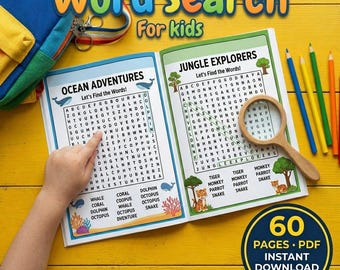 Op de afbeelding: Een kleurrijk woordzoekboek voor kinderen met de titel "Word Search for Kids". Het open boek toont de woordzoekpuzzels "Ocean Adventures" en "Jungle Explorers". Een vergrootglas en kleurpotloden liggen op de gele achtergrond. De kaft zegt "60 Pages PDF Instant Download."