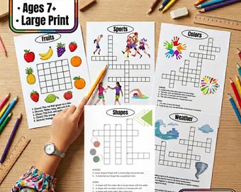 Crossword Puzzle Book for Kids, Picture Word Clues Ages 5-10 Homeschool Classroom Large Print, Printable PDF Instant Download