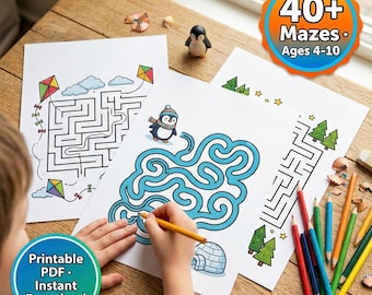 May include: A child's hands are drawing on a maze worksheet with a pencil. The worksheet features a blue maze with a penguin and an igloo. The image also shows a colorful maze with kites and clouds. The image includes the text "40+ Mazes • Ages 4-10".