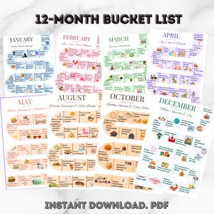 Może przedstawiać: 12-miesięczna lista rzeczy do zrobienia w formacie PDF z motywami miesięcznymi. Każdy miesiąc zawiera listę aktywności, z tytułami takimi jak "Świeża energia startowa" i "Magia, blask i radość". Obraz zawiera również tekst "Instant Download. PDF".