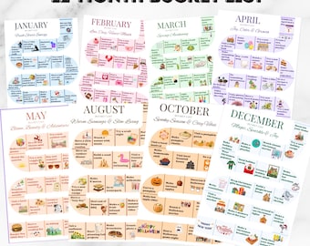 12-Month Bucket List Planner, Colorful Fun  bullet journal, Printable Monthly To-Do List Template, Digital Planner, Activity Checklist, PDF