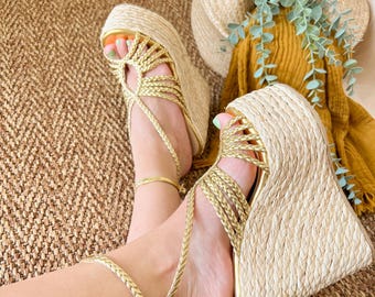 Gold Espadrille Wedge Heels, Bohemian High Shoes, Espadrilles Sandals, Summer Platform Wedge high heels Sandals, Comfortable & Elegant Shoes