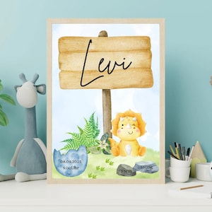 Personalizable birth poster with dinosaur motif – baby birth date picture, wall decoration for the nursery, gift for birth