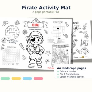 May include: A 2-page printable PDF pirate activity mat featuring black and white line art. The pages include a pirate character, a maze, a crossword puzzle, a word search, and a spot the difference game with text including AHOY and PIRATES.