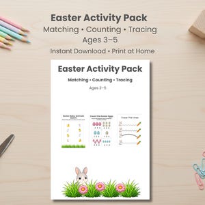 Può includere: Un pacchetto di attività pasquali per bambini dai 3 ai 5 anni, con esercizi di abbinamento, conteggio e tracciamento. L'immagine mostra matite colorate, forbici e graffette, con blocchi di legno sullo sfondo.