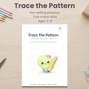 Puede incluir: Un libro de actividades educativas para niños, "Trace the Pattern", centrado en la práctica de la preescritura y las habilidades motoras finas para niños de 3 a 5 años. La imagen incluye lápices, tijeras y clips.