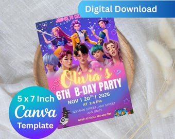 KPop Demon Hunter Birthday Invitation,Kpop Anime Invite,Printable Birthday Card for Kids,Editable Canva Template,Digital Download