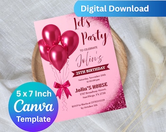 Pink Glitter Balloon Birthday Invitation Template, Editable Girls Party Invite, Printable Digital Birthday Card,Instant Download