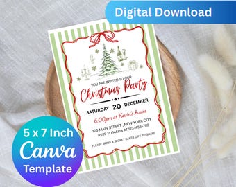 Puede incluir: Una invitación a una fiesta de Navidad, de 12,7 x 17,8 cm, con un diseño rojo y verde. La invitación incluye el texto "Christmas Party", la fecha, la hora, el lugar y la información de RSVP. Plantilla digital de Canva.