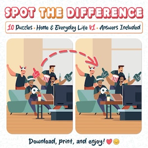 Home Life Spot the Difference Printable Game – 10 Find the Difference Worksheets V1 for Kids and Families – Cozy PDF Download