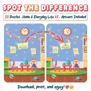 Home Life Spot the Difference Printable Game – 10 Find the Difference Worksheets V2 for Kids and Families – Cozy PDF Download