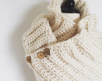 Crochet Chunky scarf ivory buttons made to order